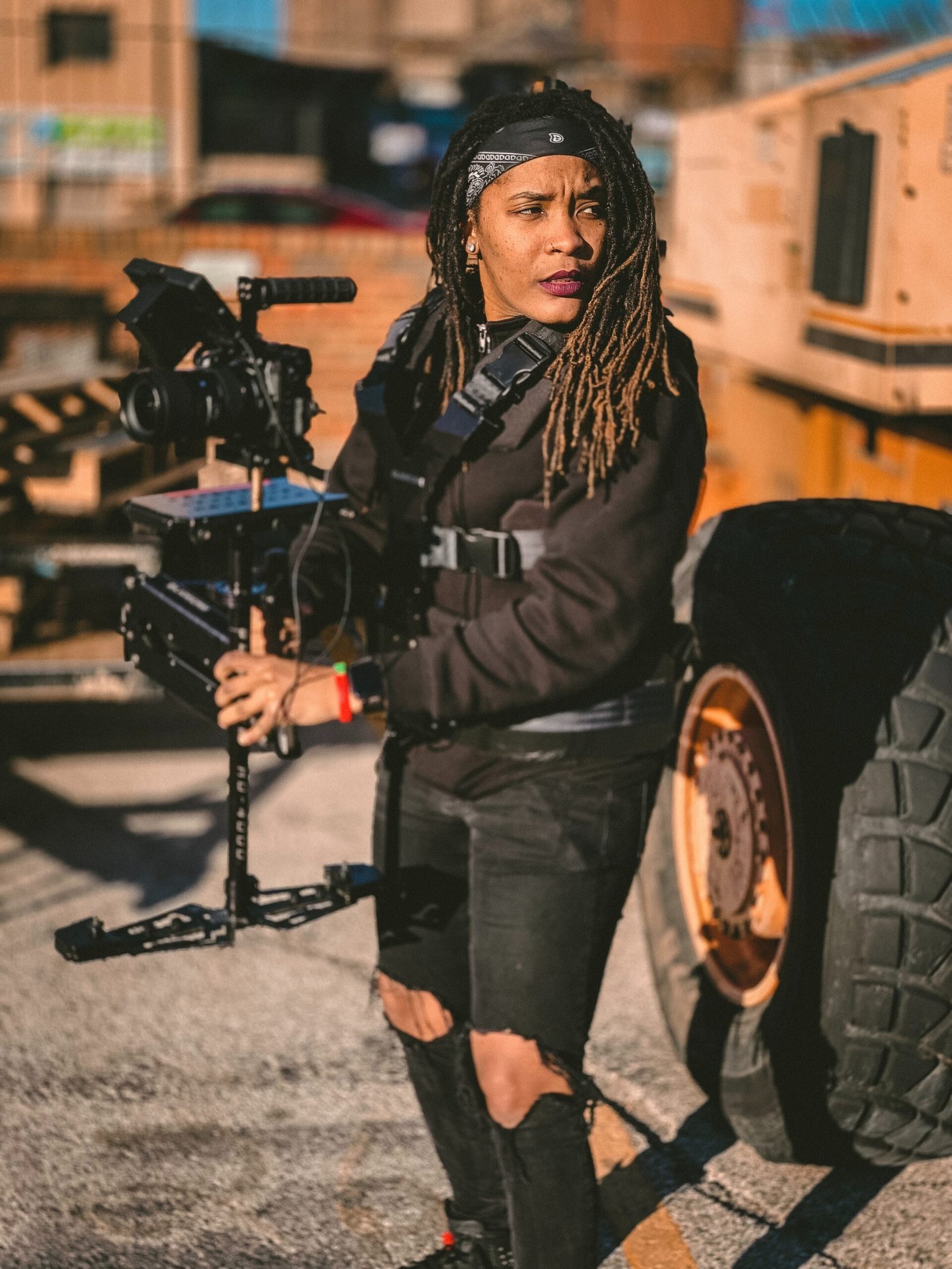 woman wearing black ripped jeans holding camera